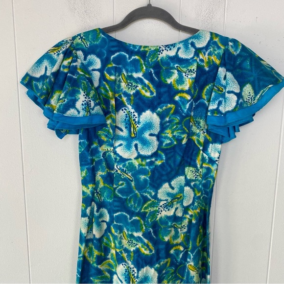 Vintage Lauhala Hawaii Dress Hibiscus Maxi Ruffle Sleeve Zip Back Size XS? Blue - Picture 16 of 16